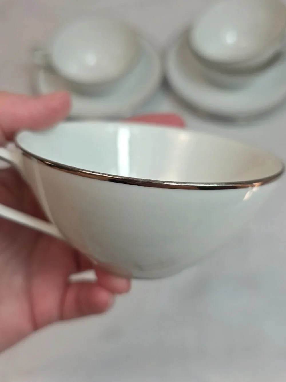 FOUR Noritake Colony Cup & Saucer Sets White Coupe Shape Platinum Trim